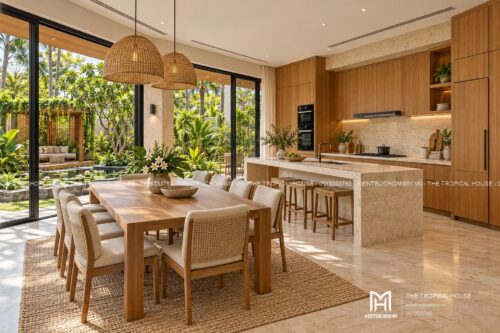 Biệt thự chữ L hai tầng – sân trong, hồ súng và chòi nghỉ giàn gỗ