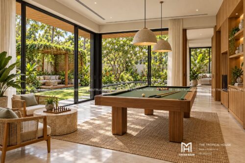 Biệt thự chữ L hai tầng – sân trong, hồ súng và chòi nghỉ giàn gỗ