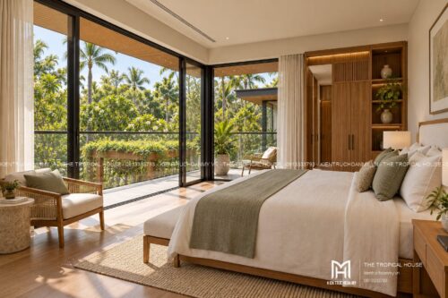 Biệt thự chữ L hai tầng – sân trong, hồ súng và chòi nghỉ giàn gỗ