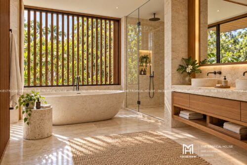 Biệt thự chữ L hai tầng – sân trong, hồ súng và chòi nghỉ giàn gỗ