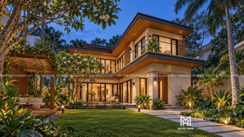 Biệt thự chữ L hai tầng – sân trong, hồ súng và chòi nghỉ giàn gỗ