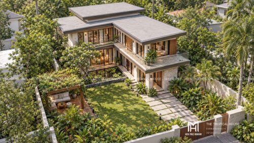 Biệt thự chữ L hai tầng – sân trong, hồ súng và chòi nghỉ giàn gỗ