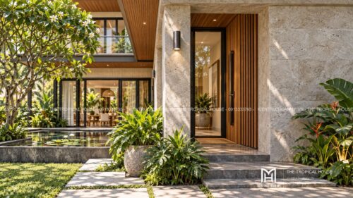 Biệt thự chữ L hai tầng – sân trong, hồ súng và chòi nghỉ giàn gỗ