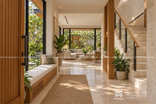 Biệt thự chữ L hai tầng – sân trong, hồ súng và chòi nghỉ giàn gỗ