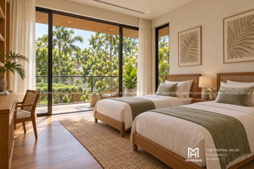 Biệt thự chữ L hai tầng – sân trong, hồ súng và chòi nghỉ giàn gỗ