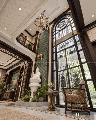 Thiết kế biệt thự Indochine Hà Nội – sảnh hiên, thông tầng, gió trời