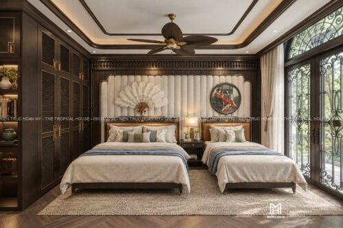 Thiết kế biệt thự Indochine Hà Nội – sảnh hiên, thông tầng, gió trời