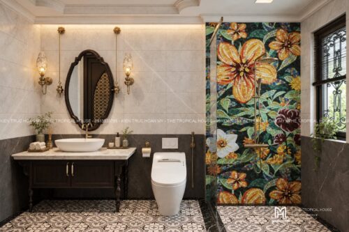 Thiết kế biệt thự Indochine Hà Nội – sảnh hiên, thông tầng, gió trời
