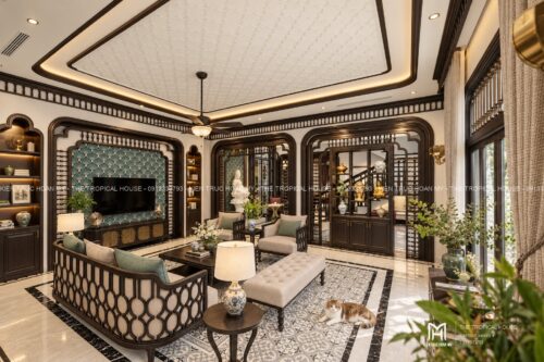 Thiết kế biệt thự Indochine Hà Nội – sảnh hiên, thông tầng, gió trời
