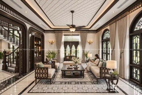 Thiết kế biệt thự Indochine Hà Nội – sảnh hiên, thông tầng, gió trời