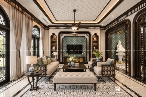 Thiết kế biệt thự Indochine Hà Nội – sảnh hiên, thông tầng, gió trời