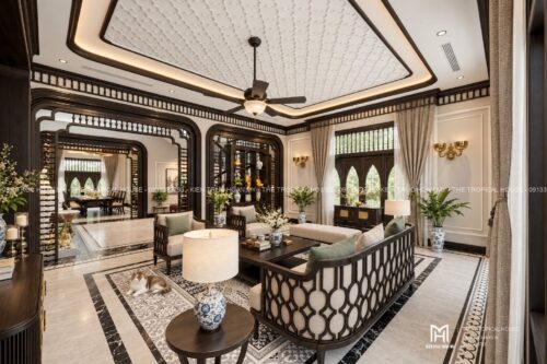 Thiết kế biệt thự Indochine Hà Nội – sảnh hiên, thông tầng, gió trời