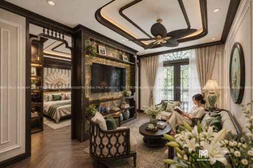 Thiết kế biệt thự Indochine Hà Nội – sảnh hiên, thông tầng, gió trời