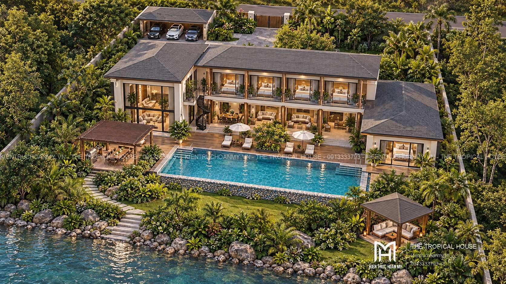 Phối cảnh villa homestay 2 tầng tại Đà Nẵng với hồ bơi và sân vườn nhìn từ trên cao