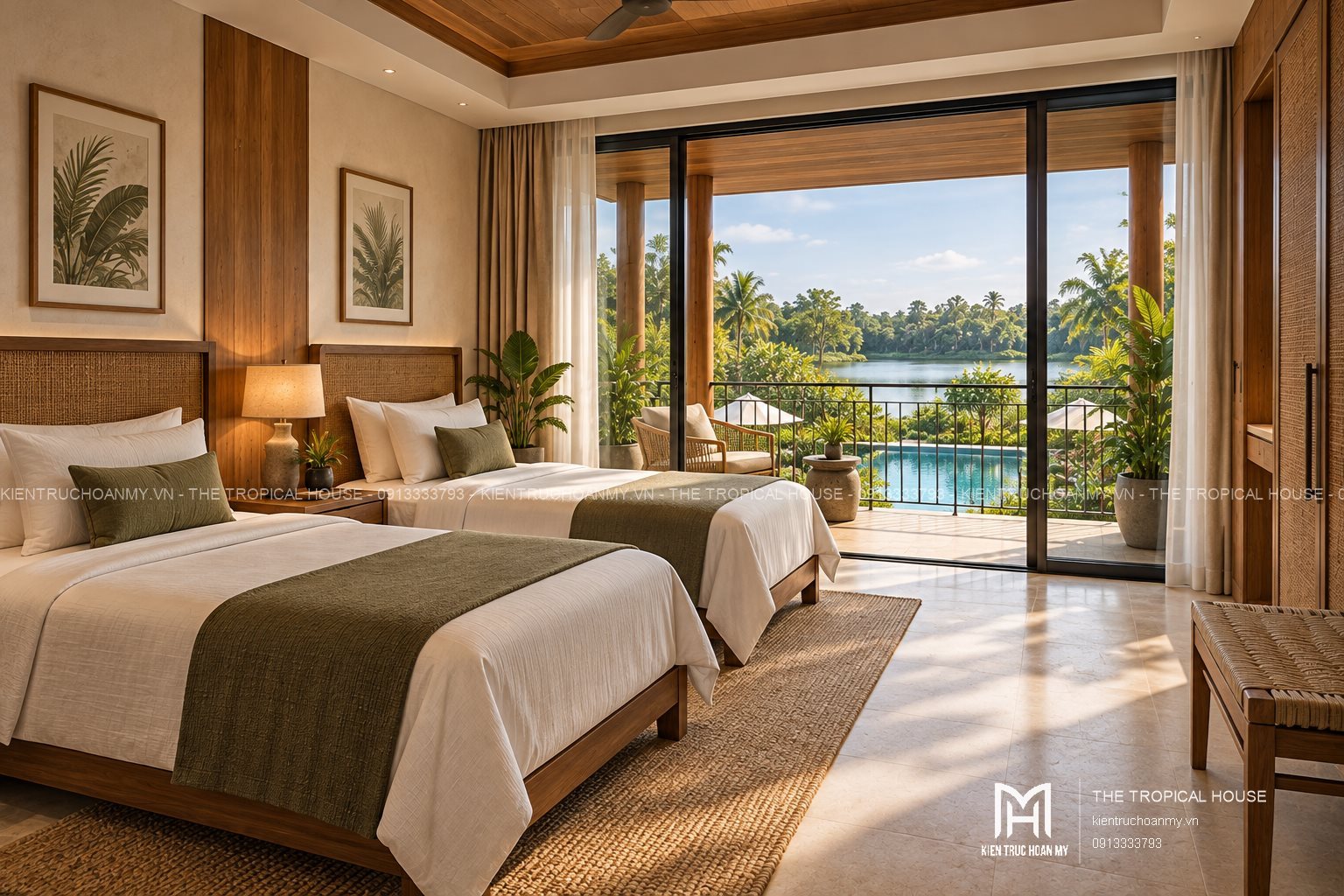 Phòng hai giường cho nhóm bạn trong villa homestay Đà Nẵng