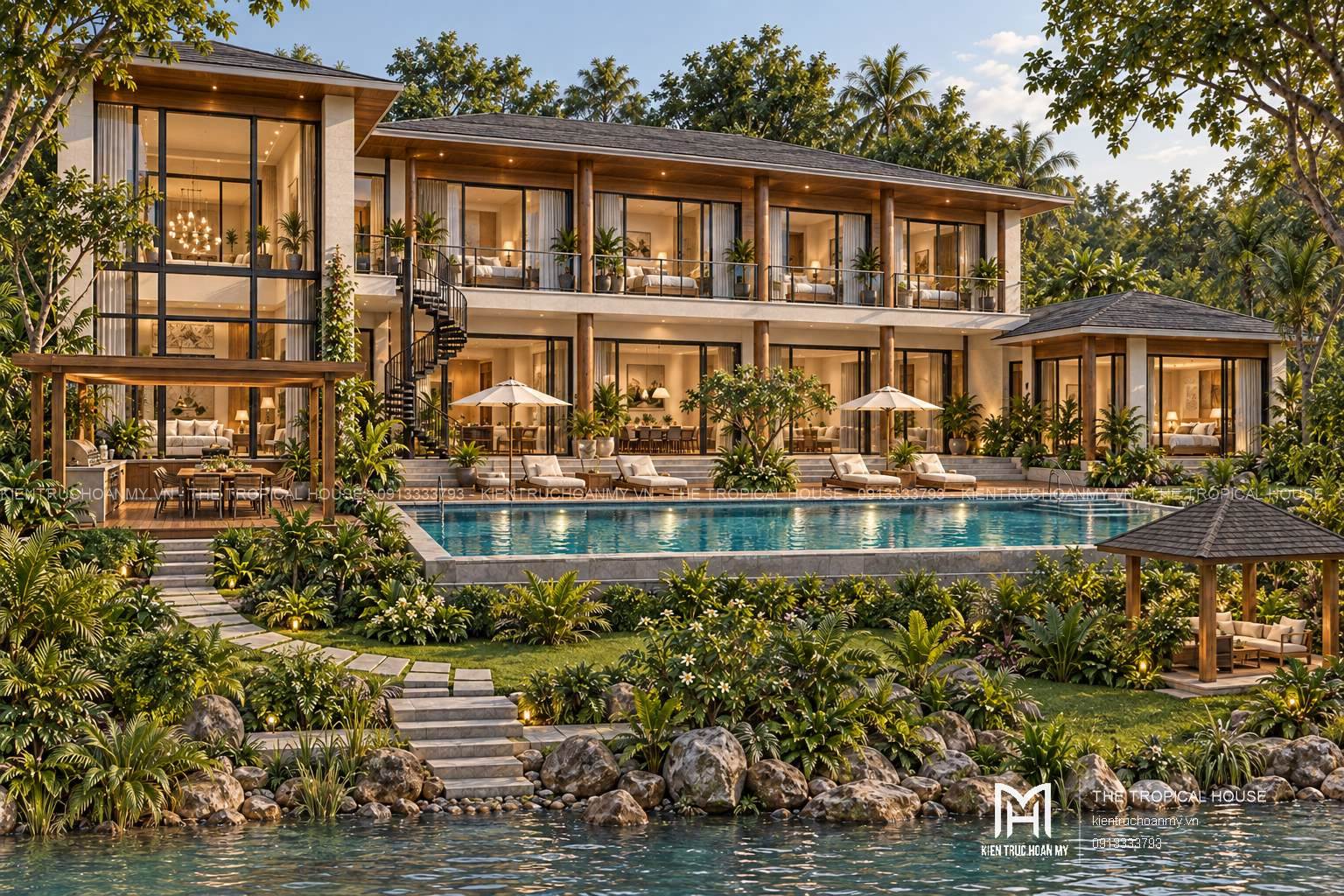 Sân hồ bơi villa homestay với ghế tắm nắng và chòi nghỉ